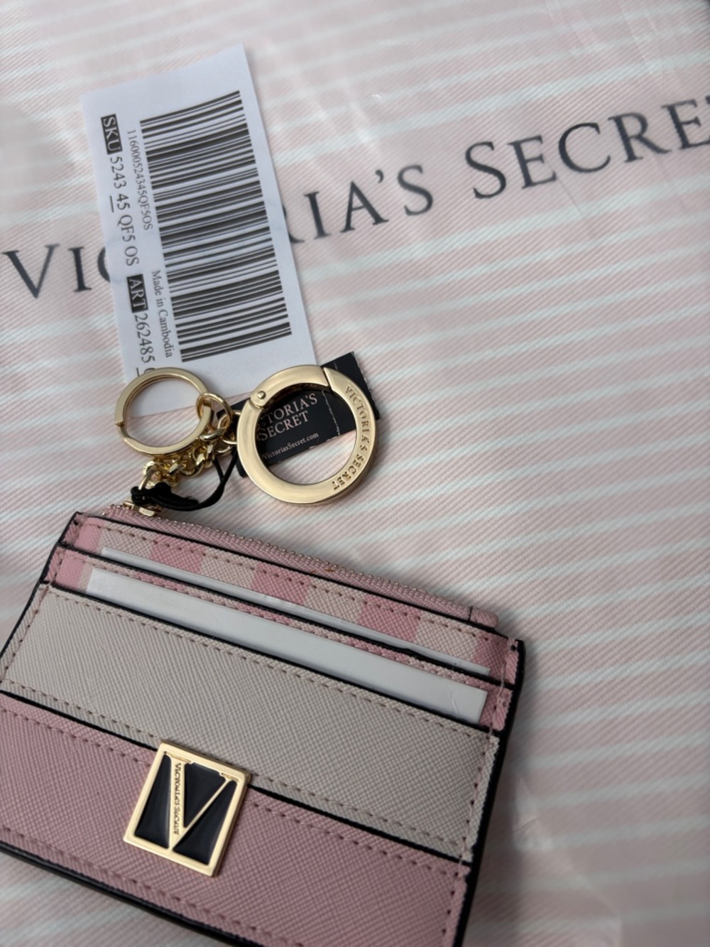 Victoria's Secret Pink and Cream Cardholder with Gold Keyring Charm